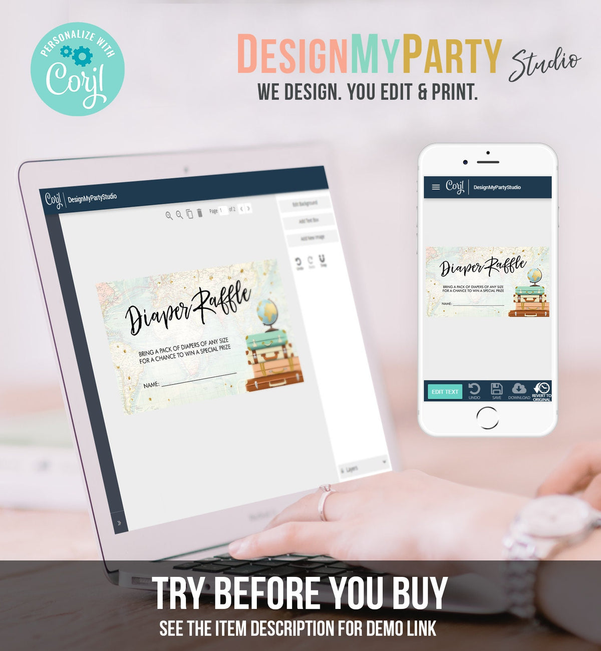 Editable Travel Diaper Raffle Ticket Baby Shower Diaper Game Journey Travel Adventure Begins Suitcases Globe Corjl Template Printable 0263