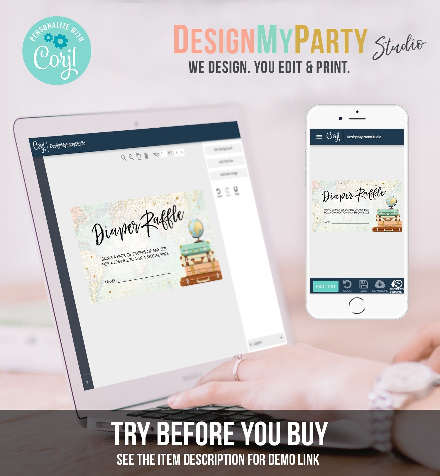 Editable Travel Diaper Raffle Ticket Baby Shower Diaper Game Journey Travel Adventure Begins Suitcases Globe Corjl Template Printable 0263