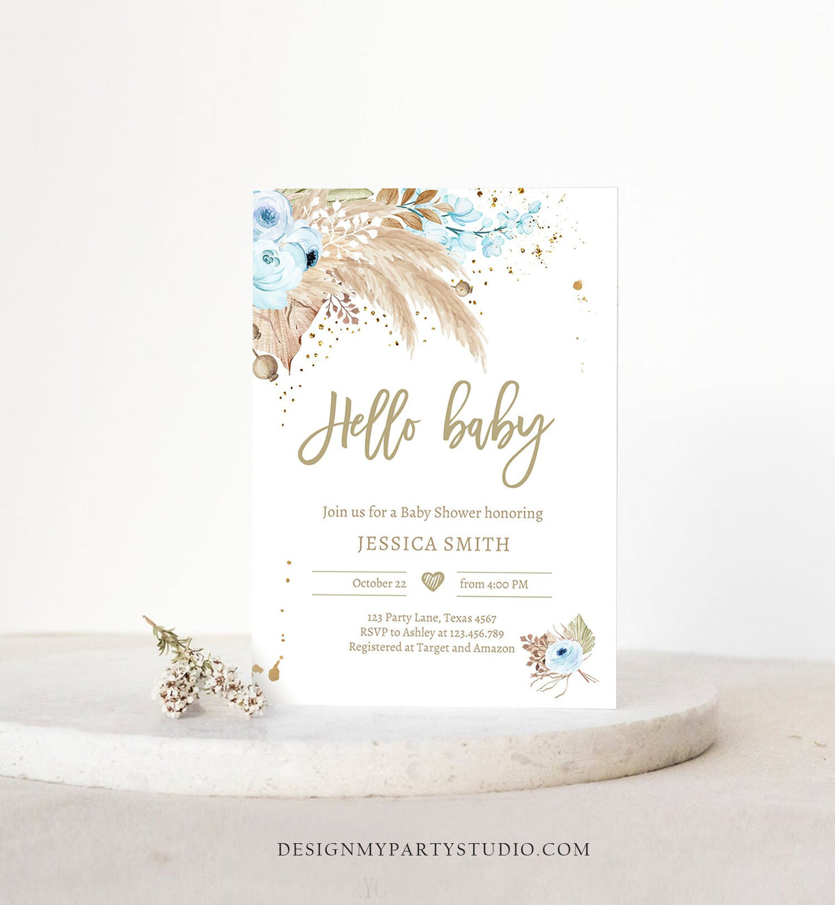 Editable Pampas Grass Baby Shower Invitation Boho Baby Shower Boy Bohemian Shower Tropical Download Printable Invitation Template Corjl 0395