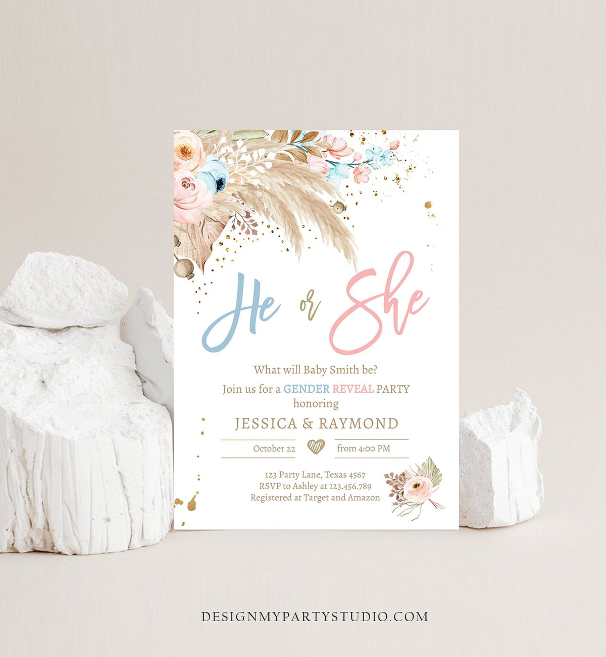 Editable Pampas Grass Gender Reveal Party Invitation Boho Gender Reveal Bohemian Tropical Desert Download Printable Template Corjl 0395