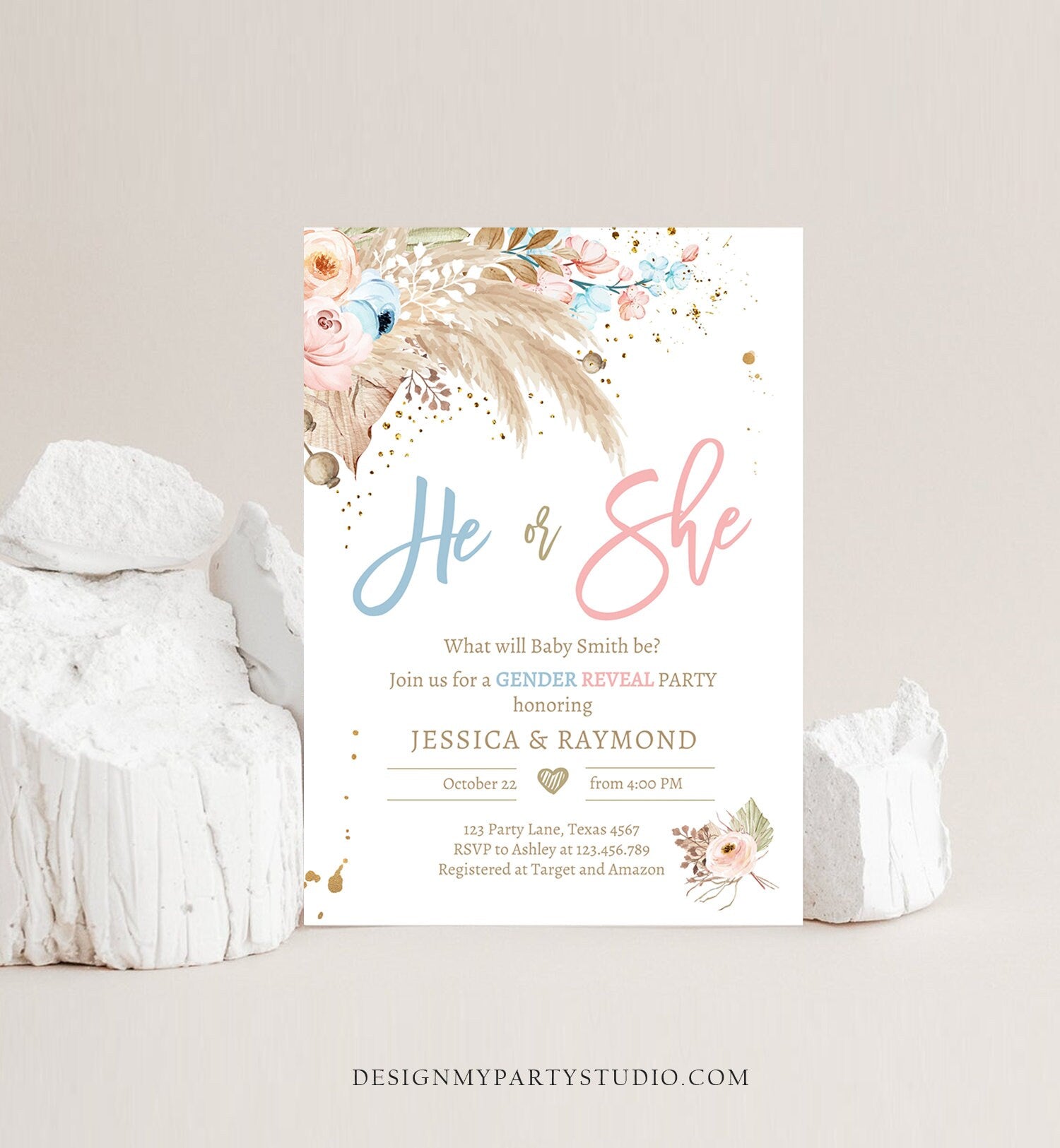 Editable Pampas Grass Gender Reveal Party Invitation Boho Gender Reveal Bohemian Tropical Desert Download Printable Template Corjl 0395