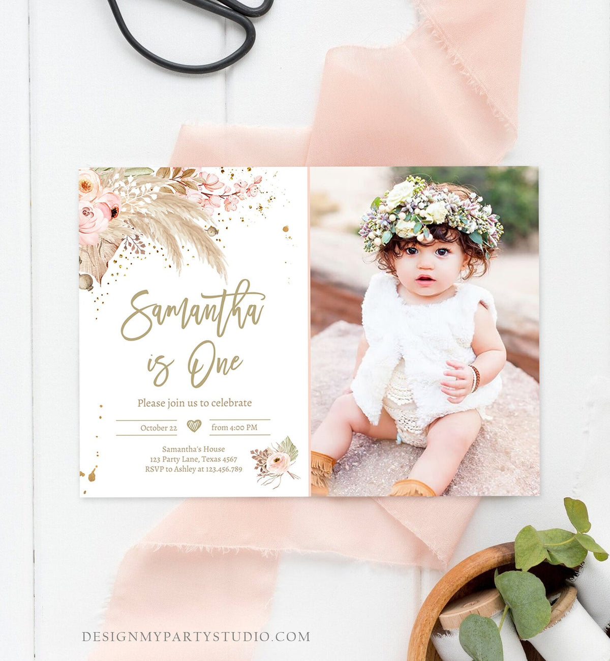 Editable Pampas Grass Birthday Invitation Boho Birthday Invite Bohemian Girl Muted Rustic Download Printable Invitation Template Evite 0395