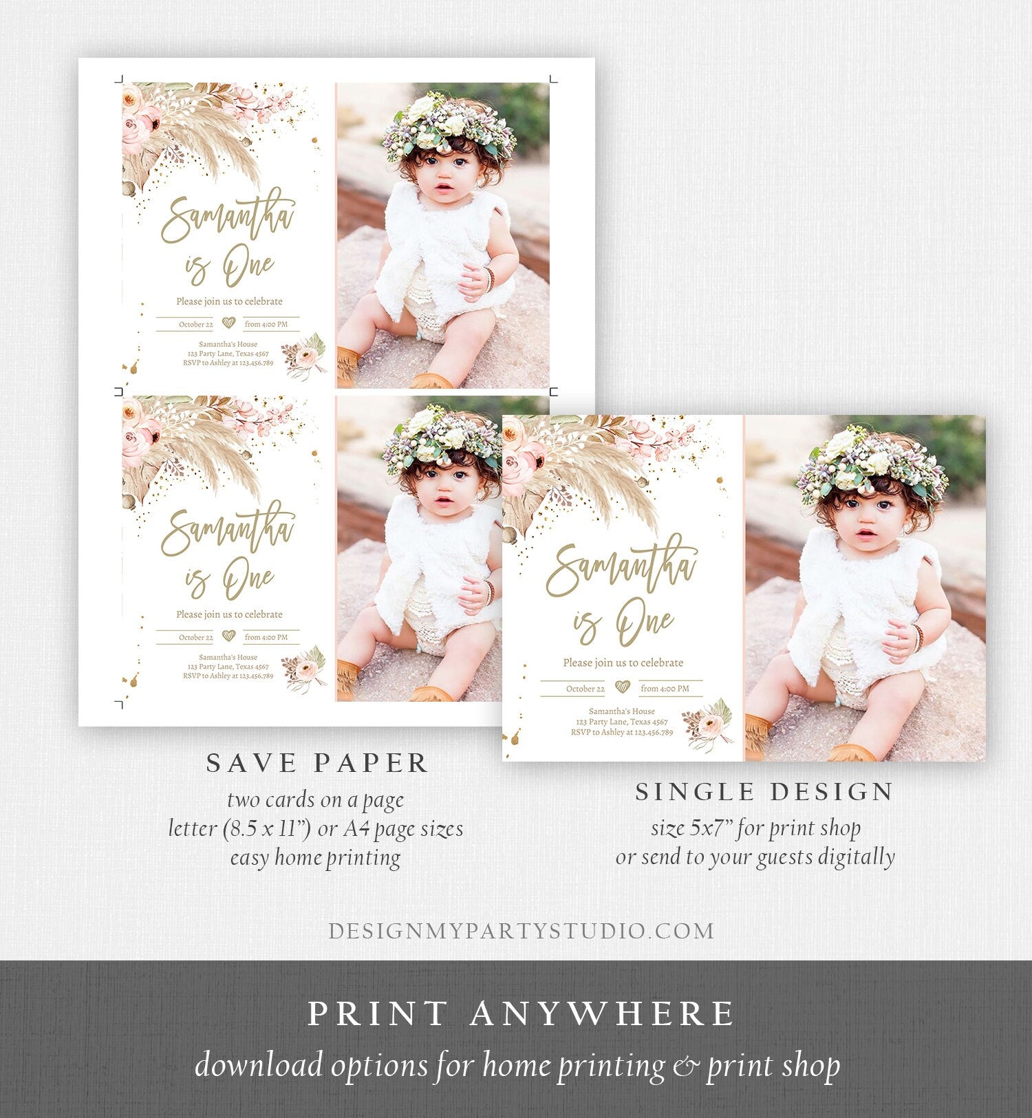 Editable Pampas Grass Birthday Invitation Boho Birthday Invite Bohemian Girl Muted Rustic Download Printable Invitation Template Evite 0395