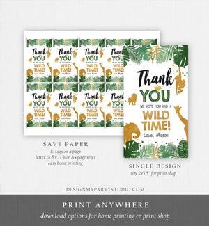 Editable Safari Animals Favor Tags Wild One Thank You Tags Wild Time Label Tags Jungle Boy Gold Green Gift Tags Zoo Corjl Template 0016