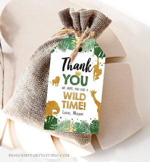 Editable Safari Animals Favor Tags Wild One Thank You Tags Wild Time Label Tags Jungle Boy Gold Green Gift Tags Zoo Corjl Template 0016