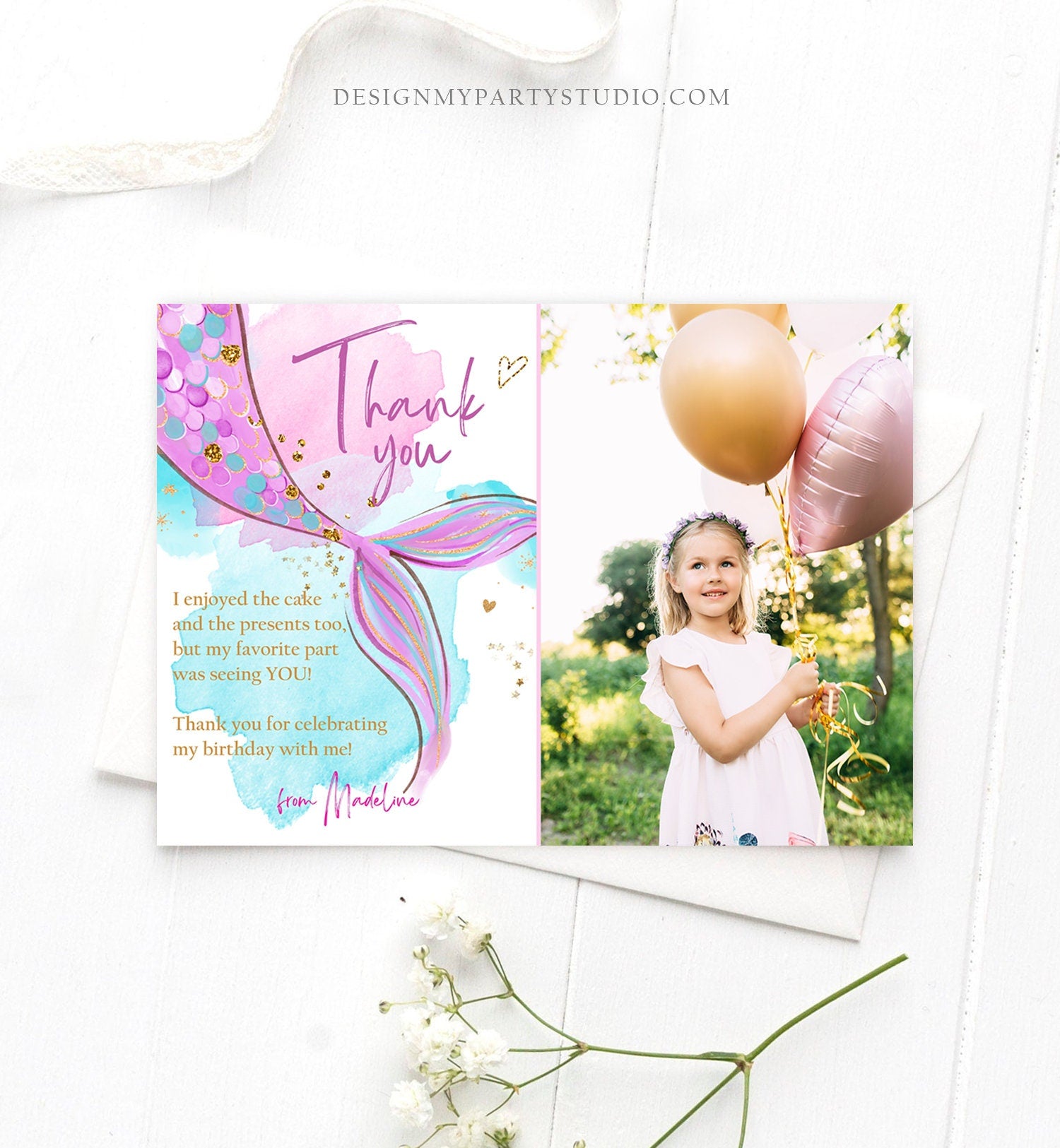 Editable Mermaid Thank You Card Girl Under the Sea Birthday Party Thank You Note Purple Gold Digital Download Template Printable 0403