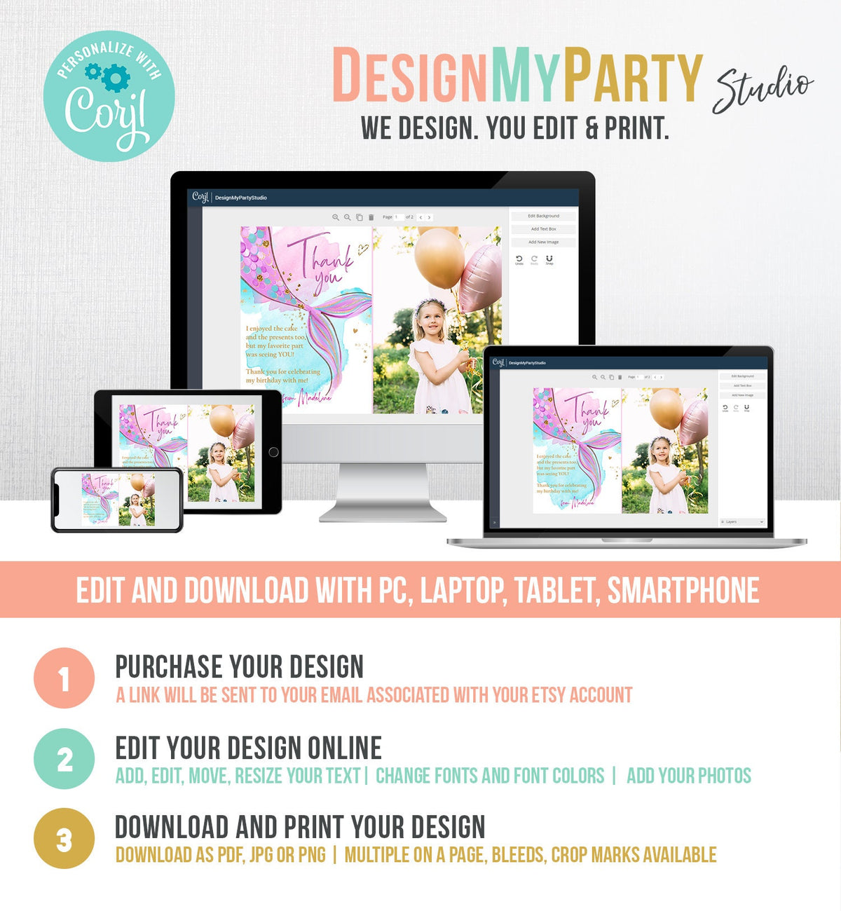 Editable Mermaid Thank You Card Girl Under the Sea Birthday Party Thank You Note Purple Gold Digital Download Template Printable 0403