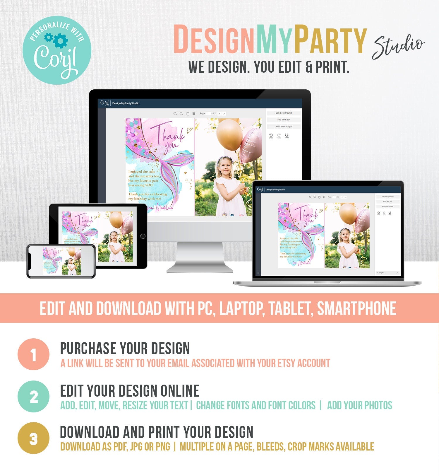 Editable Mermaid Thank You Card Girl Under the Sea Birthday Party Thank You Note Purple Gold Digital Download Template Printable 0403