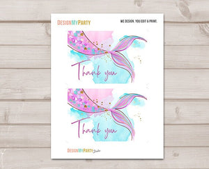 Mermaid Thank You Card Girl Mermaid Birthday Party Thank You Note Purple Gold Under The Sea Printable Instant Download Digital 0403