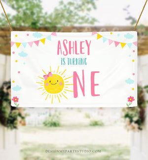Editable Little Sunshine Birthday Backdrop Banner Pink Girl First Birthday Sign Welcome Sign Download Corjl Template Printable 0141