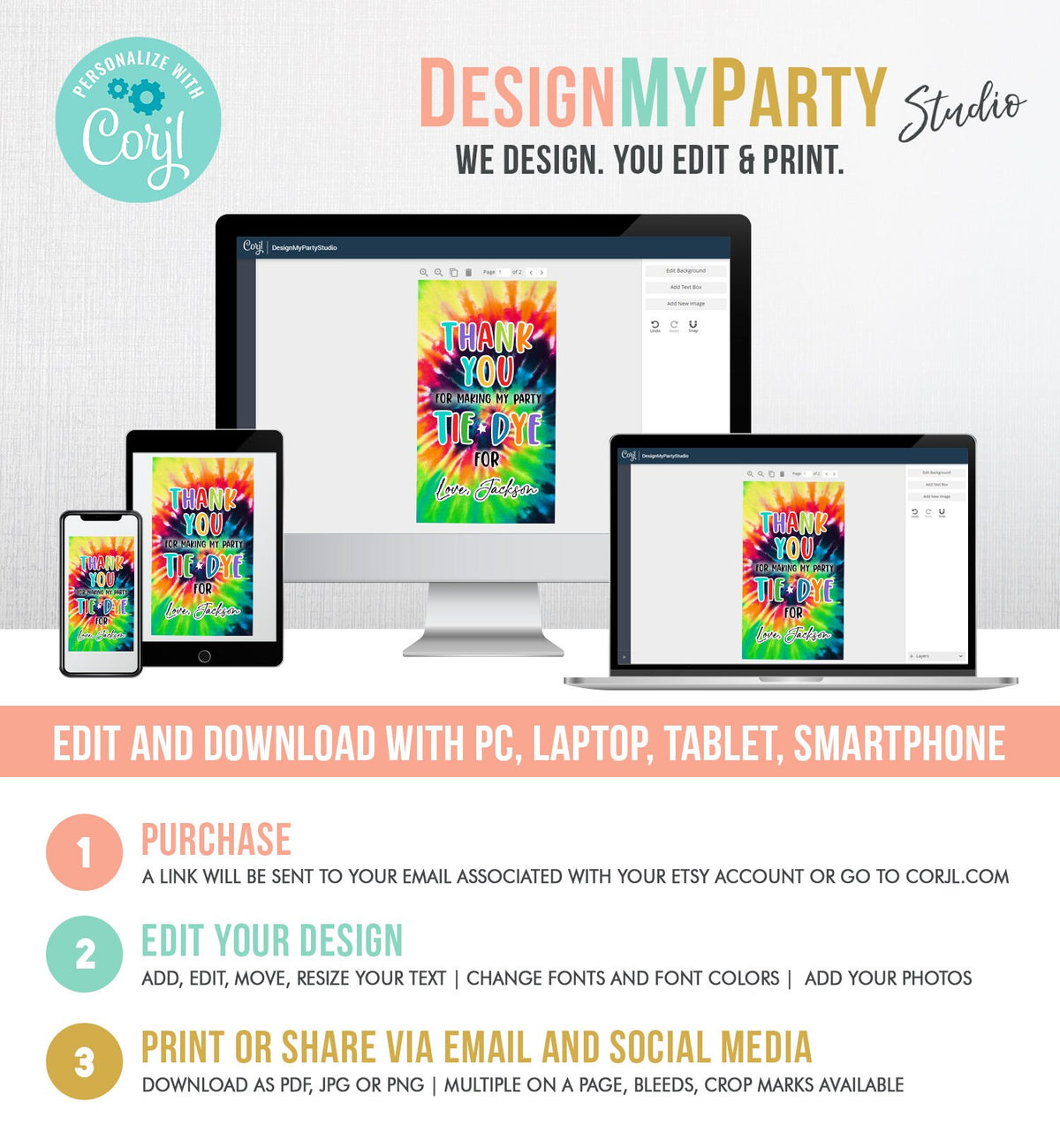 Editable Tie Dye Favor Tags Gift Tag Boy Tie Dye Birthday Thank You Download Hippie Peace Love Craft Party Digital Template Printable 0407