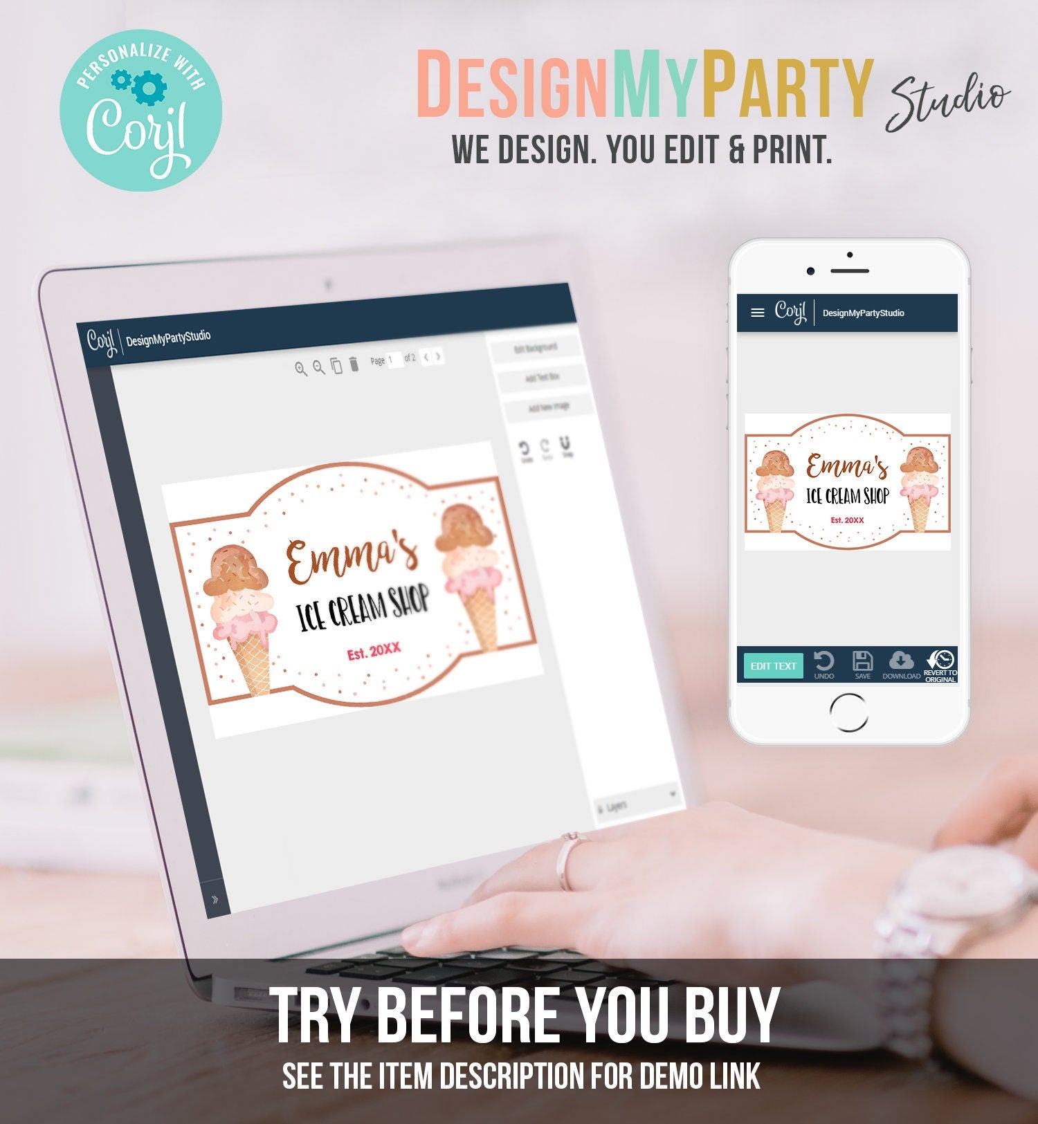 Editable Ice Cream Shop Sign Ice Cream Birthday Welcome Ice Cream Parlor Girl Summer Boho Neutral Summer Template PRINTABLE Corjl 0243