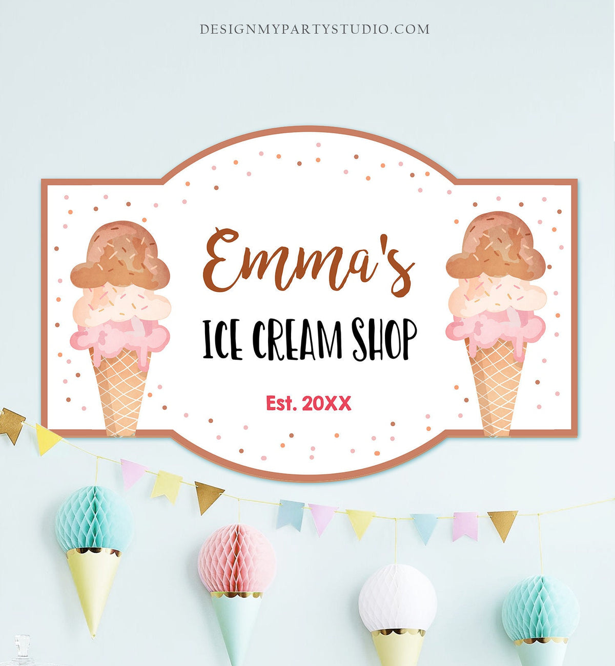 Editable Ice Cream Shop Sign Ice Cream Birthday Welcome Ice Cream Parlor Girl Summer Boho Neutral Summer Template PRINTABLE Corjl 0243