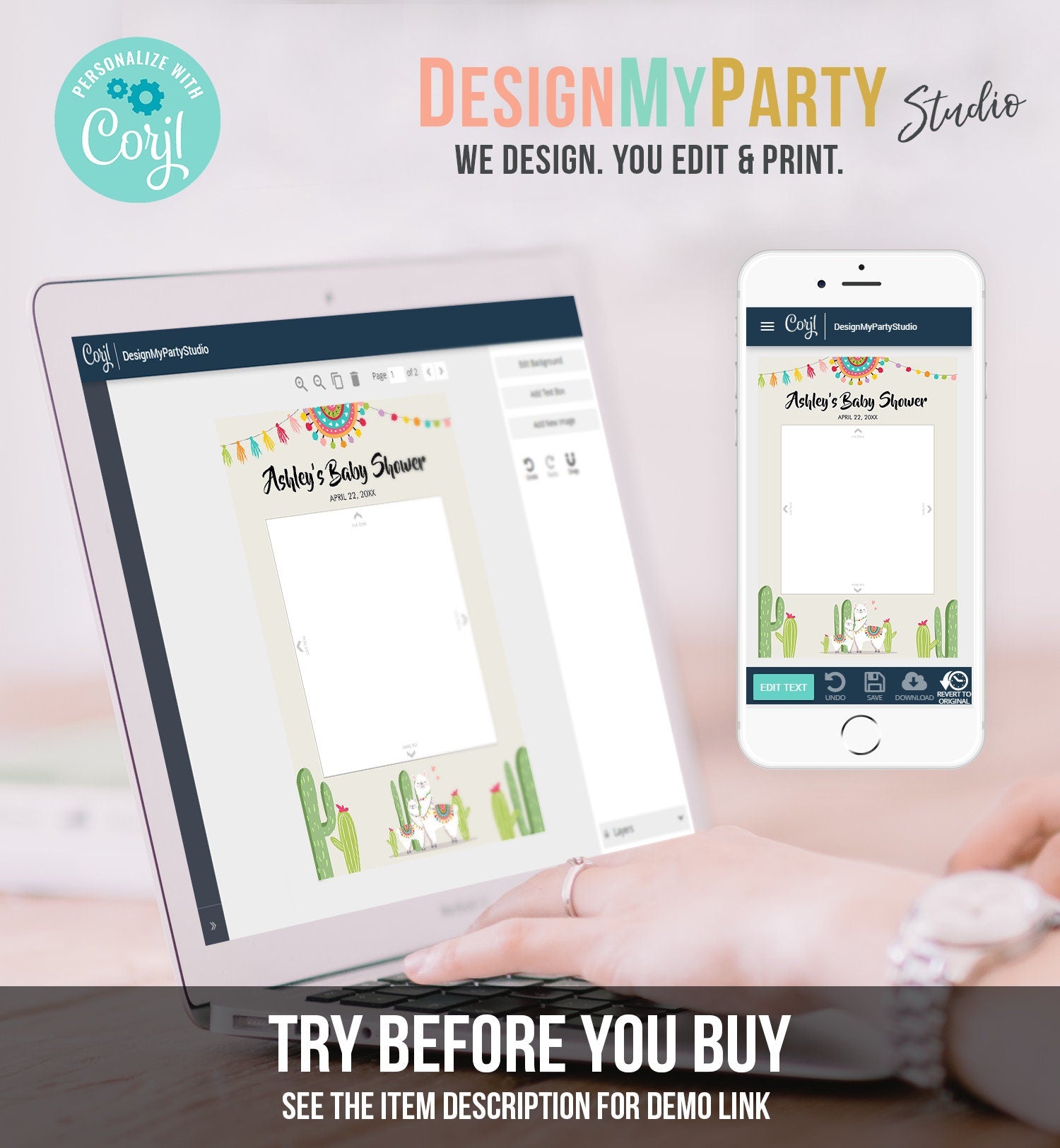 Editable Llama Photo Frame Booth Sign Baby Shower Prop Fiesta Llama Cactus Succulent Mexican Alpaca Pink Corjl Template Printable 0079