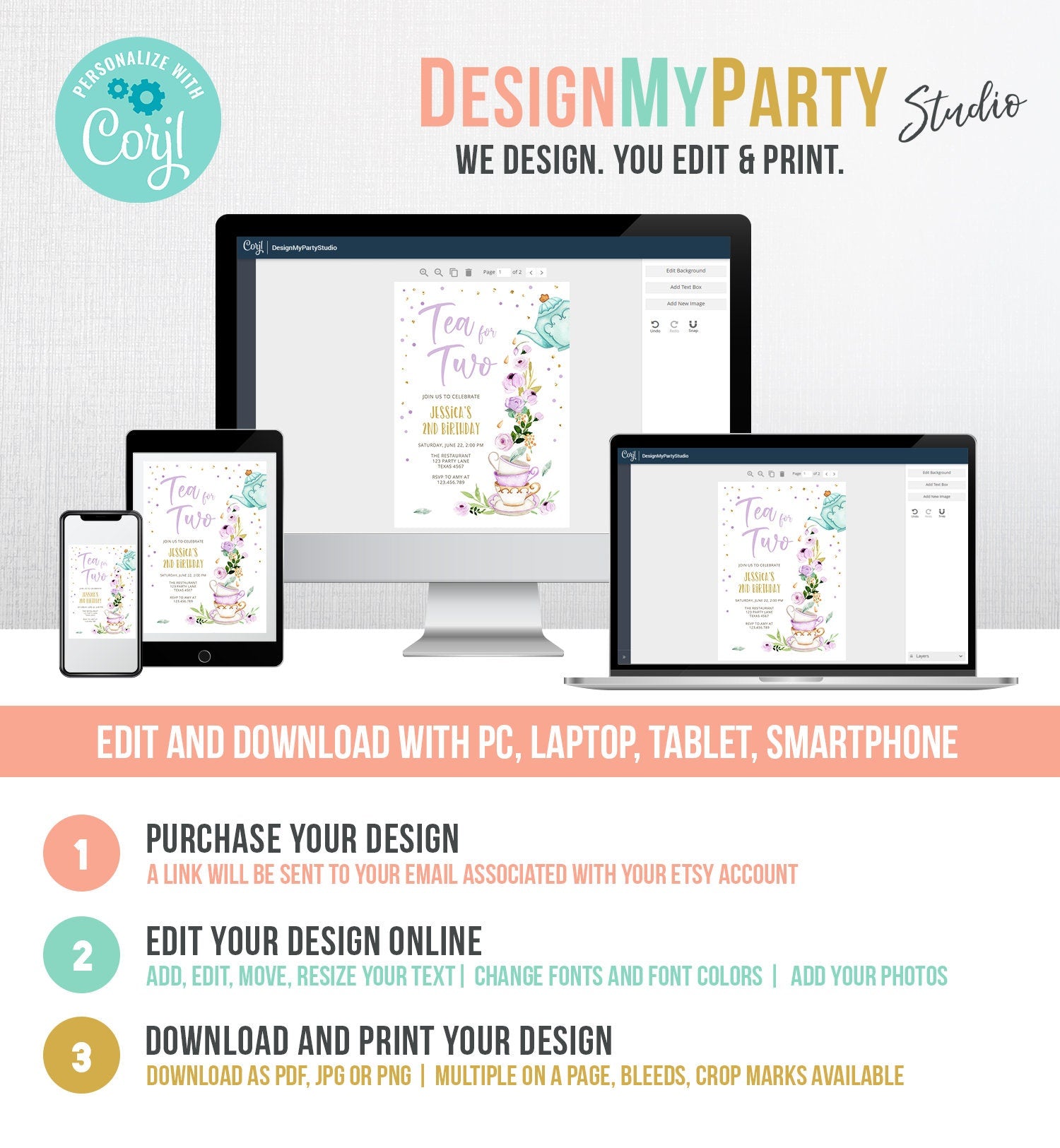 Editable Tea for Two Birthday Invitation Girl Tea Party Invite Pink Purple Floral Whimsical Digital Download Evite Template Printable 0349