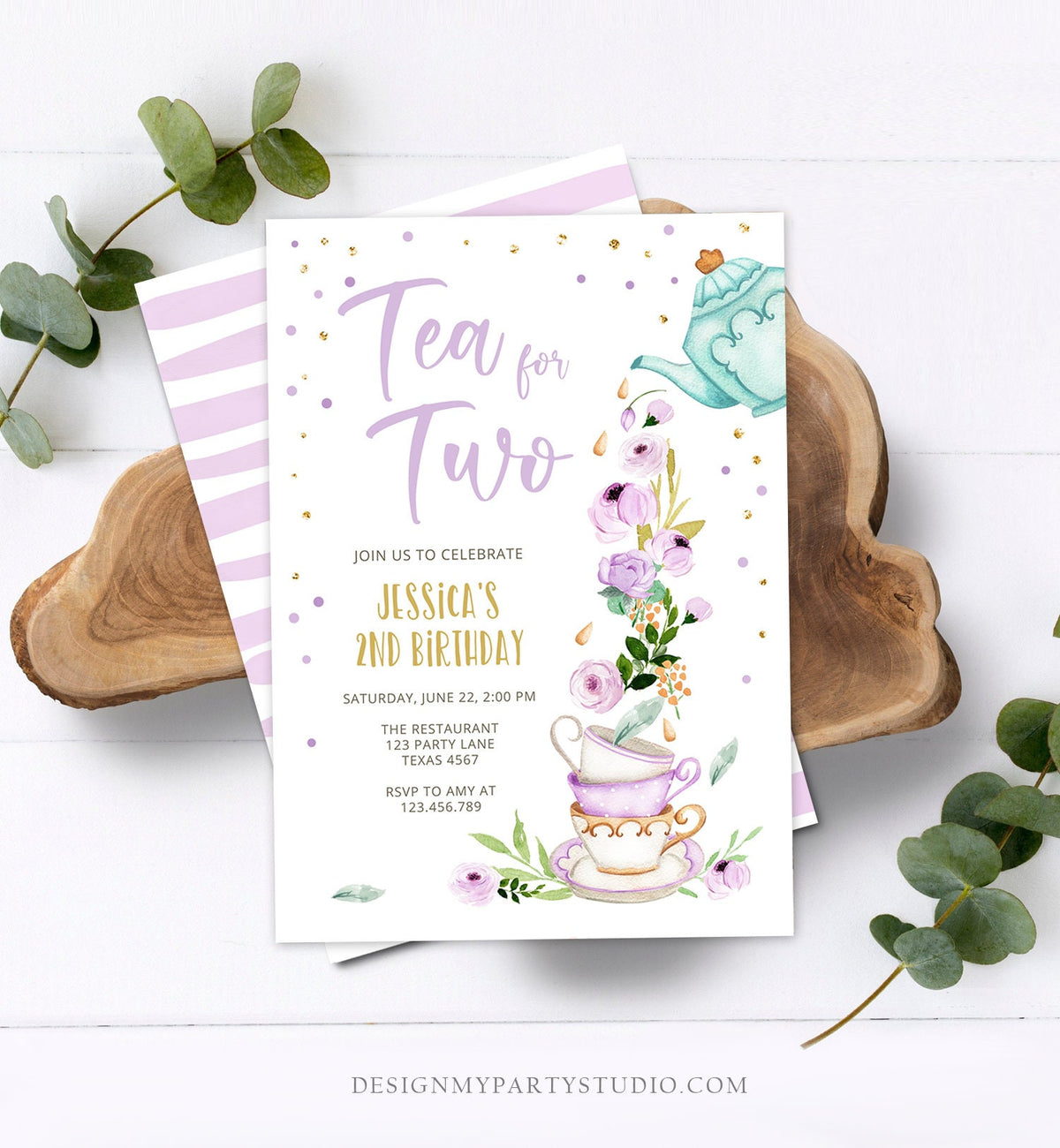 Editable Tea for Two Birthday Invitation Girl Tea Party Invite Pink Purple Floral Whimsical Digital Download Evite Template Printable 0349