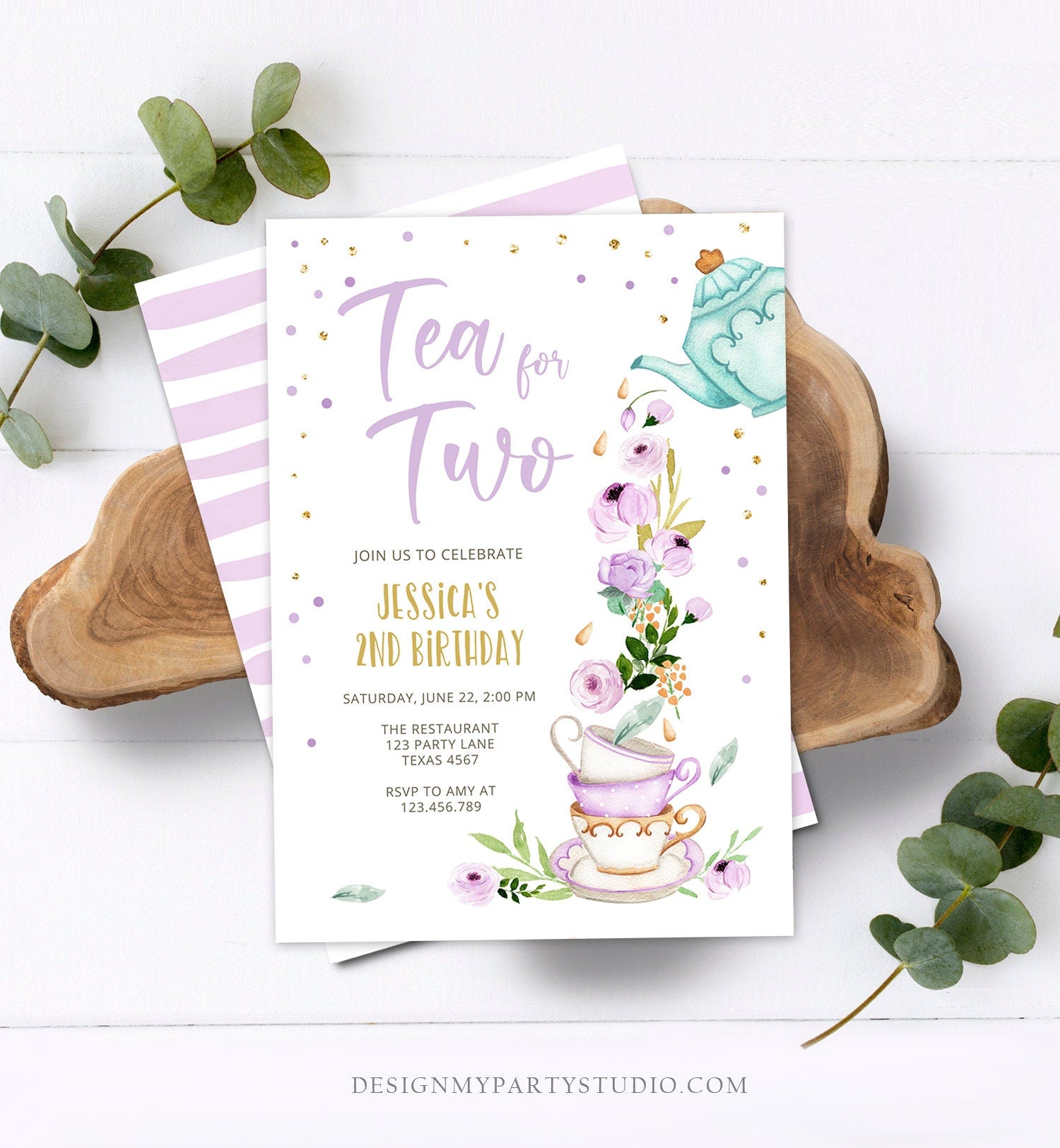 Editable Tea for Two Birthday Invitation Girl Tea Party Invite Pink Purple Floral Whimsical Digital Download Evite Template Printable 0349