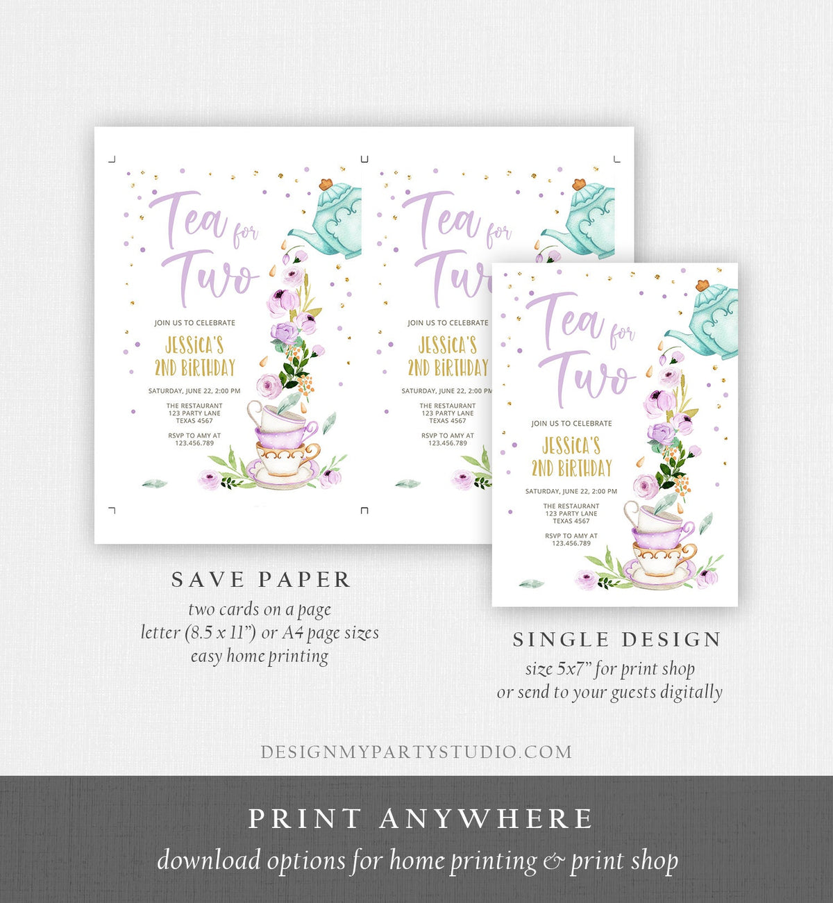 Editable Tea for Two Birthday Invitation Girl Tea Party Invite Pink Purple Floral Whimsical Digital Download Evite Template Printable 0349