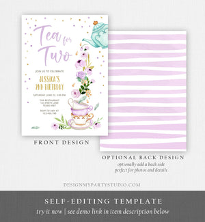 Editable Tea for Two Birthday Invitation Girl Tea Party Invite Pink Purple Floral Whimsical Download Printable Template Corjl Digital 0349