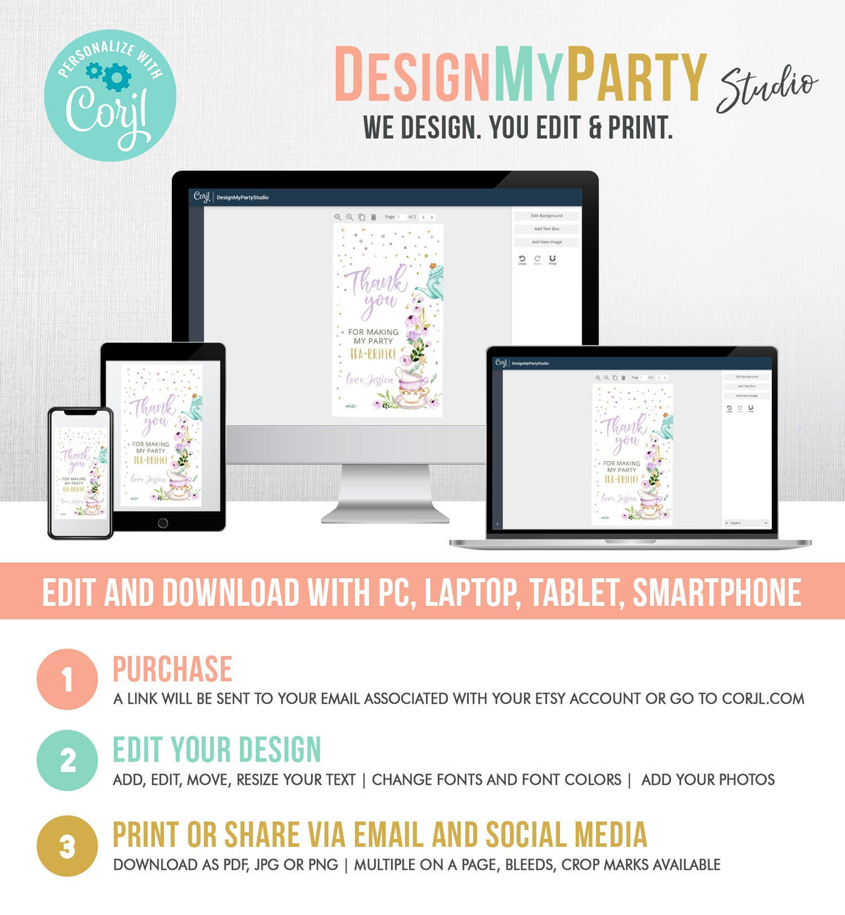 Editable Tea for Two Favor Tags Tea Birthday Thank You Tags Tea-rrific Tea Party Garden Floral Par-Tea Gift Digital Download Template 0349