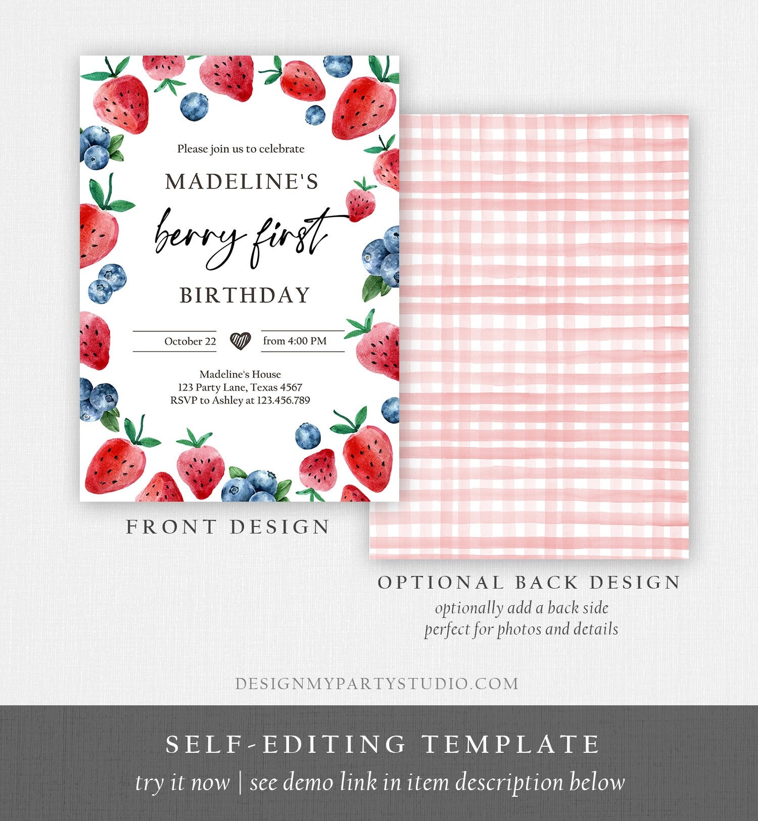 Editable Berry Sweet Birthday Invitation Blueberry Strawberry Picking Party Farmers Market Twin Digital Download Template Printable 0399