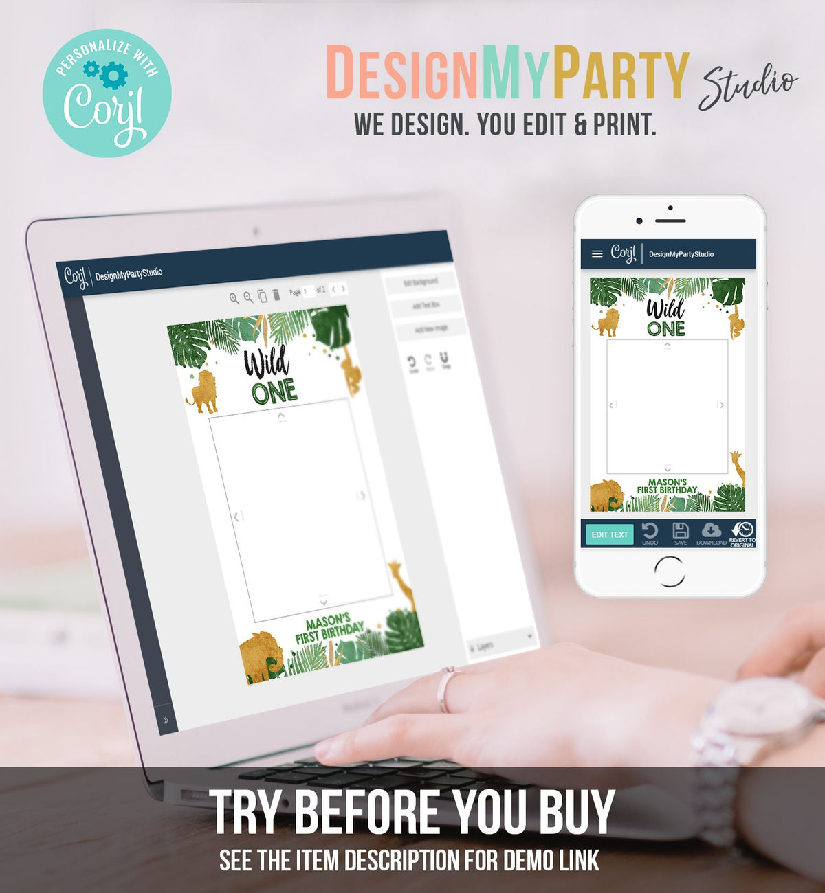 Editable Safari Animals Birthday Photo Frame Boy First Birthday 1st Gold Wild One Party Animals Booth Decor Corjl Template Printable 0016