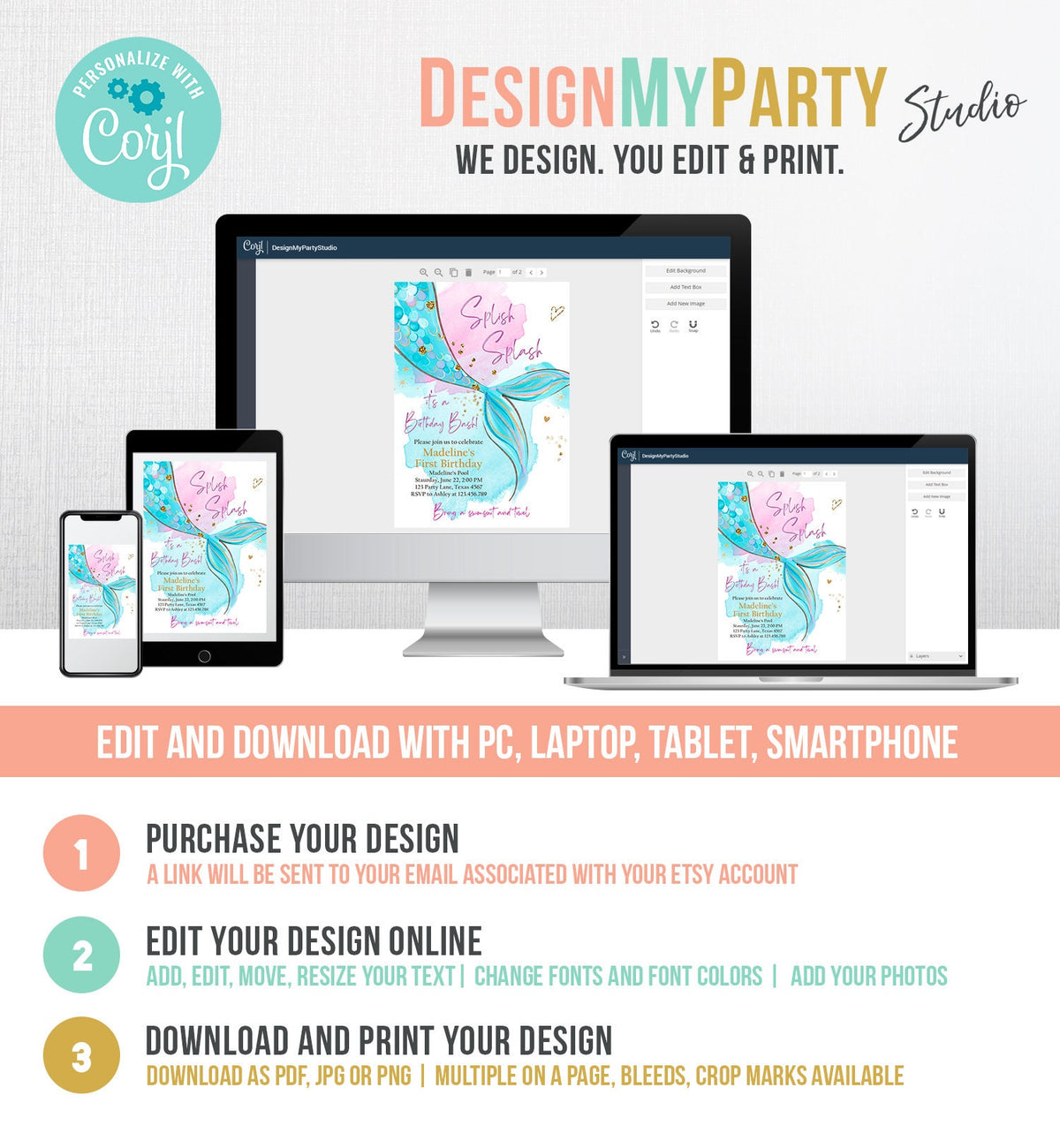 Editable Mermaid Birthday Party Invitation Girl Pink Aqua Blue Gold Mermaid Birthday Under The Sea Digital Download Template Printable 0403