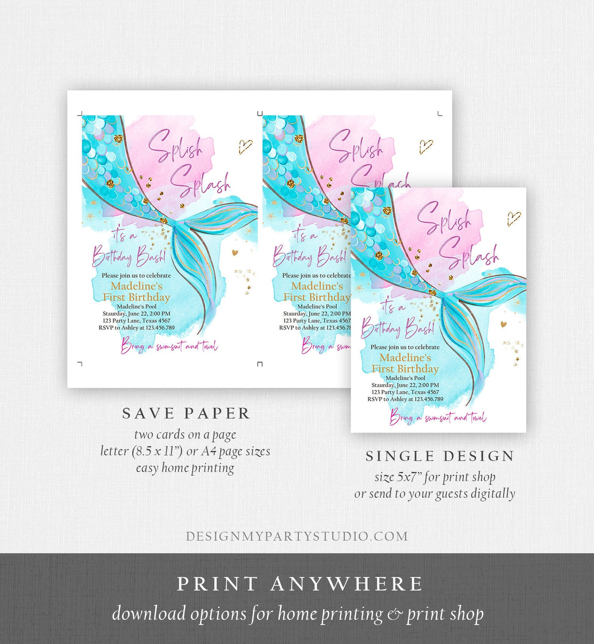 Editable Mermaid Birthday Party Invitation Girl Pink Aqua Blue Gold Mermaid Birthday Under The Sea Digital Download Template Printable 0403