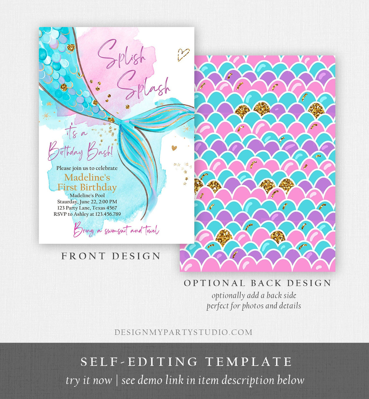 Editable Mermaid Birthday Party Invitation Girl Pink Aqua Blue Gold Mermaid Birthday Under The Sea Digital Download Template Printable 0403