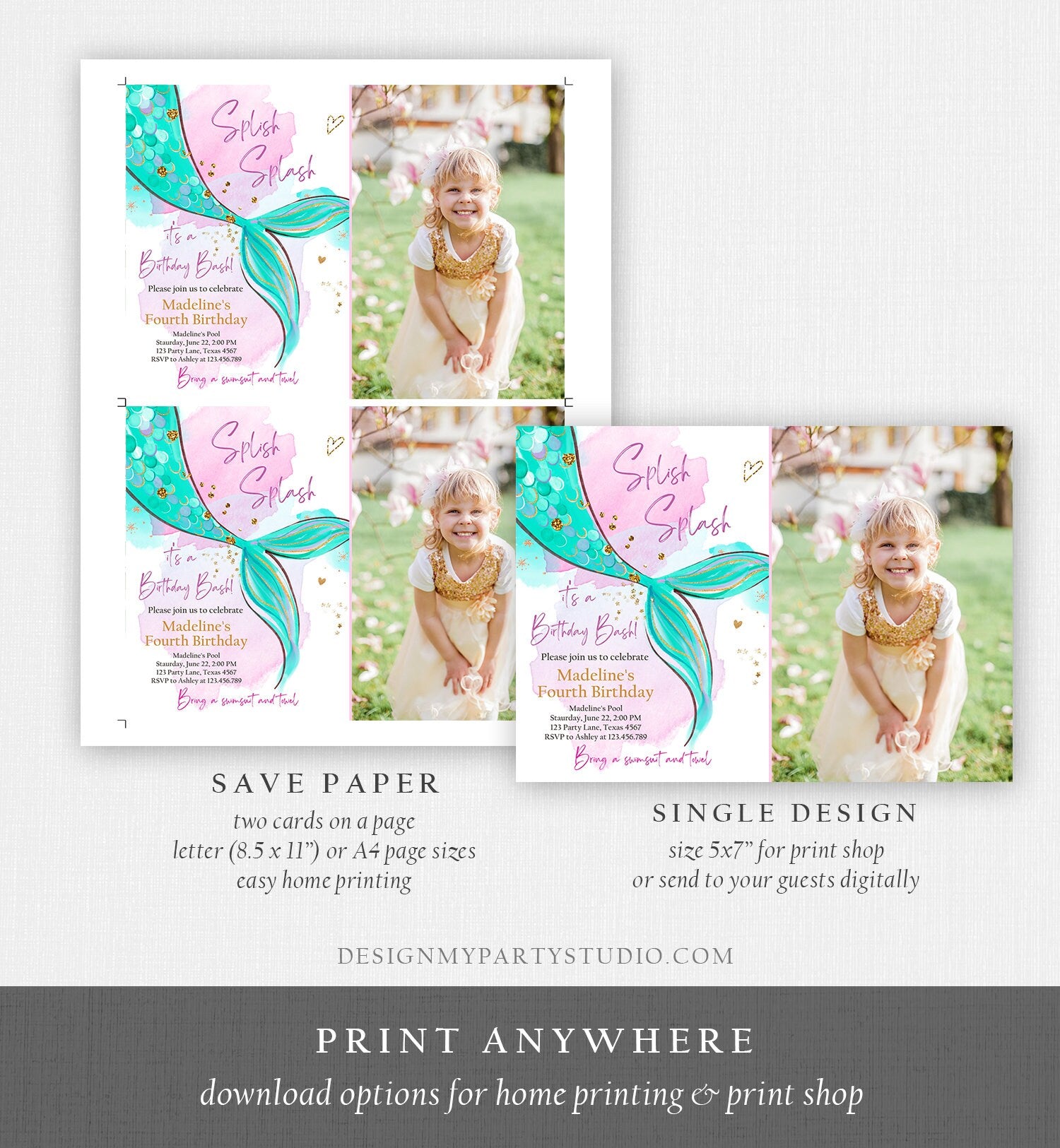 Editable Mermaid Birthday Party Invitation Girl Pink Teal Gold Mermaid Birthday Under The Sea Download Printable Template Corjl 0403