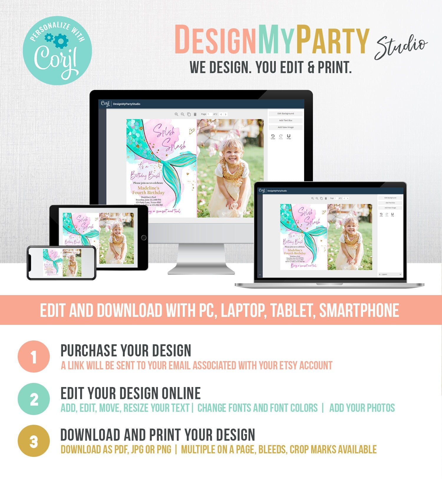 Editable Mermaid Birthday Party Invitation Girl Pink Teal Gold Mermaid Birthday Under The Sea Download Printable Template Corjl 0403