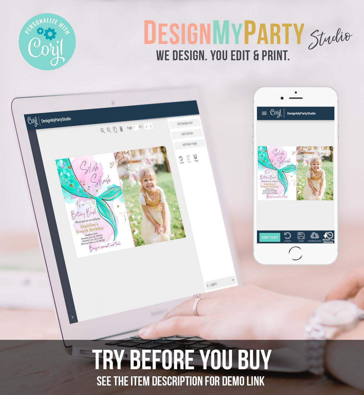 Editable Mermaid Birthday Party Invitation Girl Pink Teal Gold Mermaid Birthday Under The Sea Download Printable Template Corjl 0403