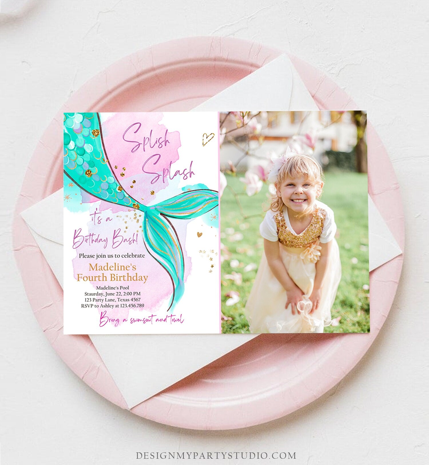Editable Mermaid Birthday Party Invitation Girl Pink Teal Gold Mermaid Birthday Under The Sea Download Printable Template Corjl 0403