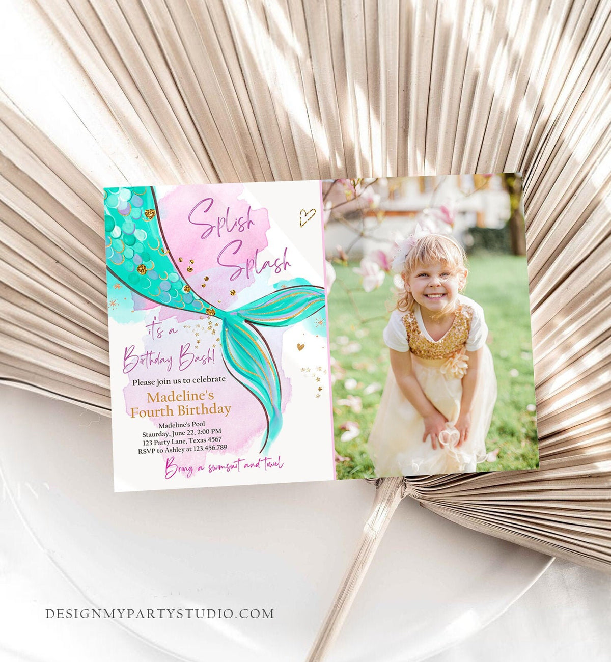Editable Mermaid Birthday Party Invitation Girl Pink Teal Gold Mermaid Birthday Under The Sea Download Printable Template Corjl 0403