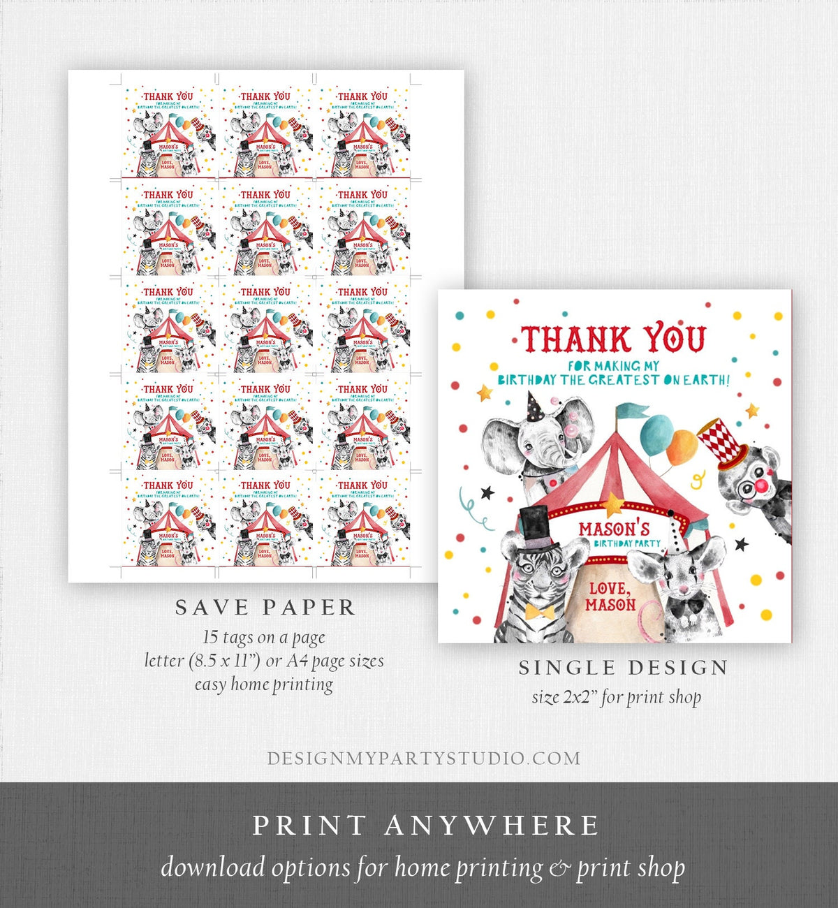 Editable Circus Thank You Tags Carnival Birthday Favor Tags Boy Vintage Circus Stickers Big Top Party Digital Template Printable 0355