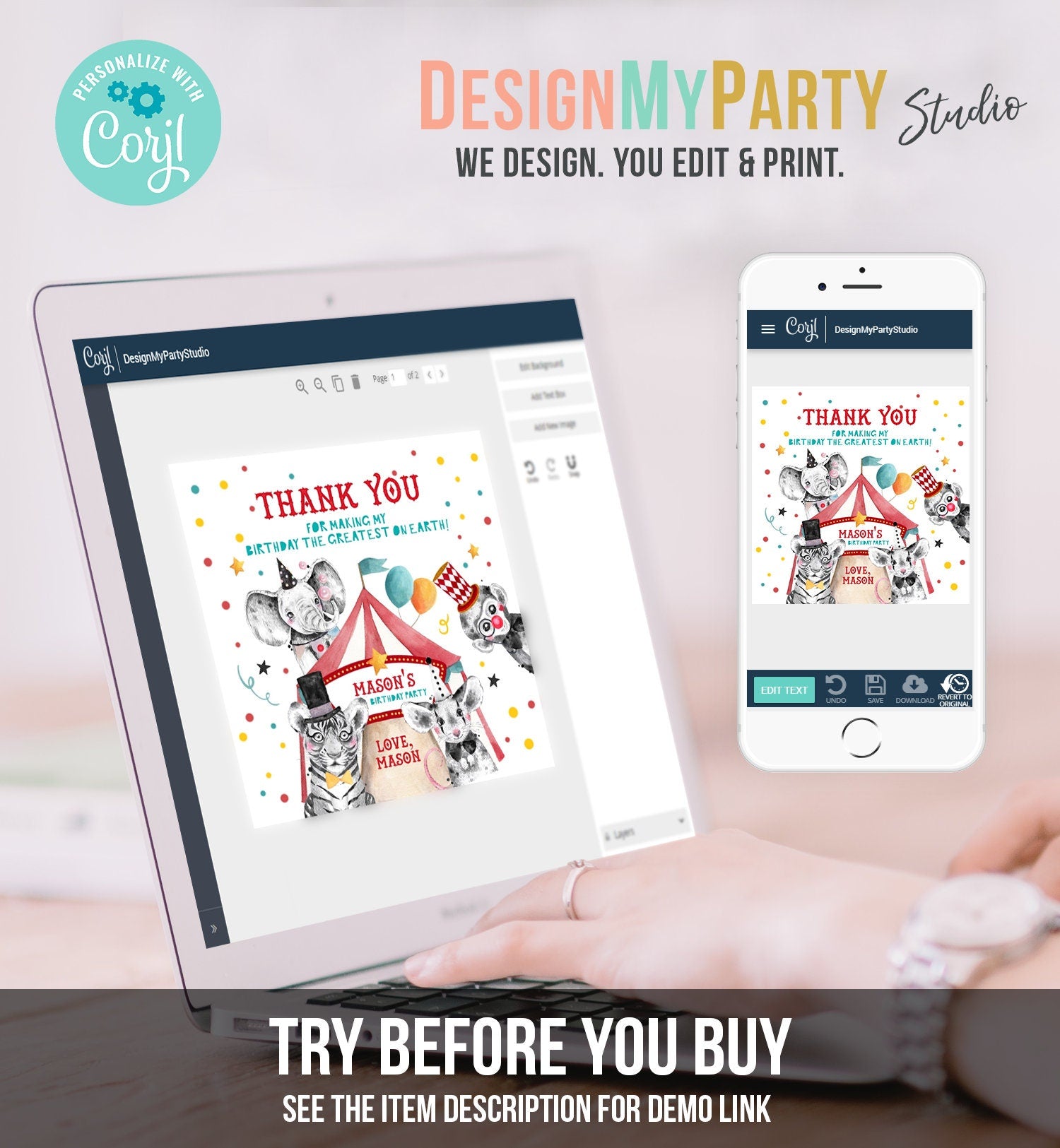 Editable Circus Thank You Tags Carnival Birthday Favor Tags Boy Vintage Circus Stickers Big Top Party Digital Template Printable 0355