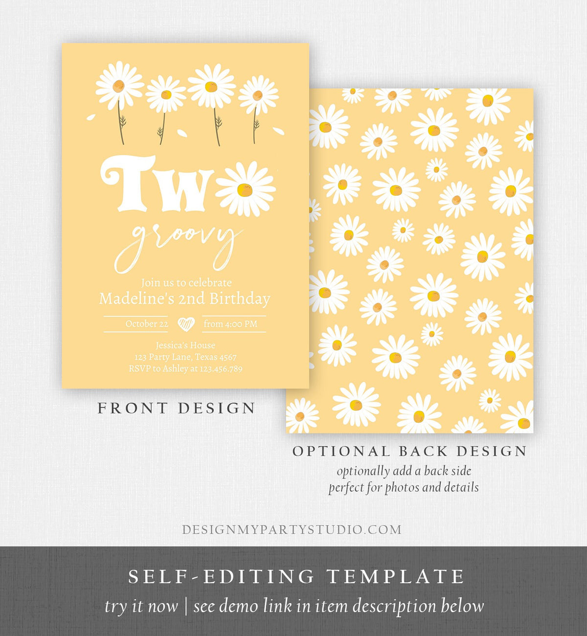 Editable Daisy Birthday Party Invitation 2nd Birthday Two Groovy Floral Bohemian Girl Boho Download Printable Template Corjl Digital 0410
