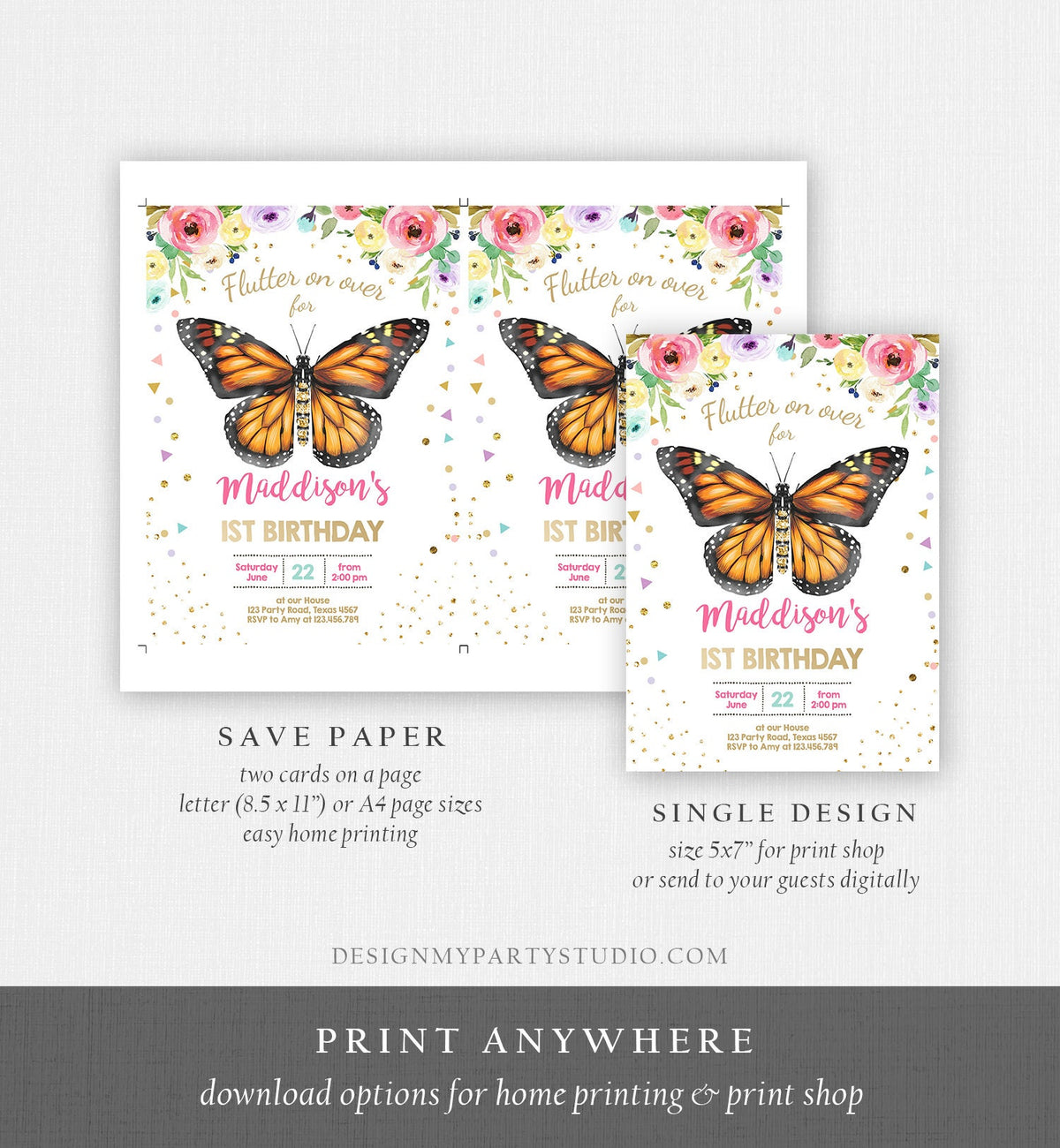 Editable Butterfly Birthday Invitation Monarch Butterfly Garden Party Floral Flowers Pink Gold Girl Download Printable Template Corjl 0162
