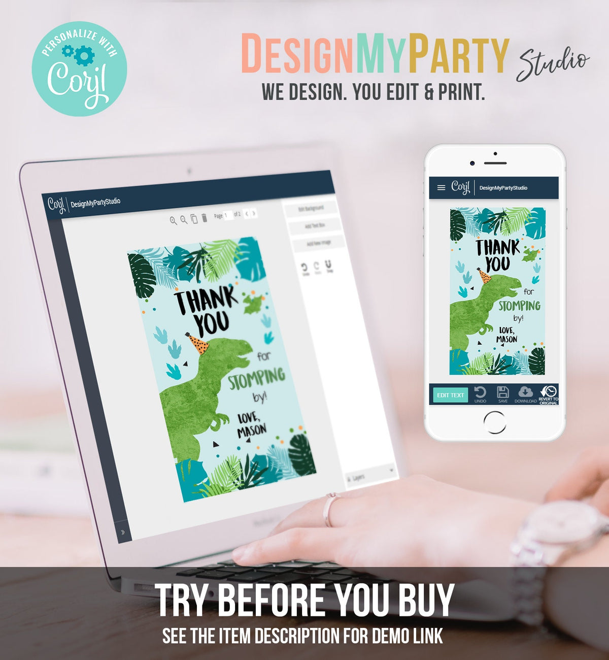 Editable Dinosaur Birthday Favor Tags Gift Tag Boy Green Blue Three Rex Thank You Stomping By Dino T-Rex Digital Template Printable 0389