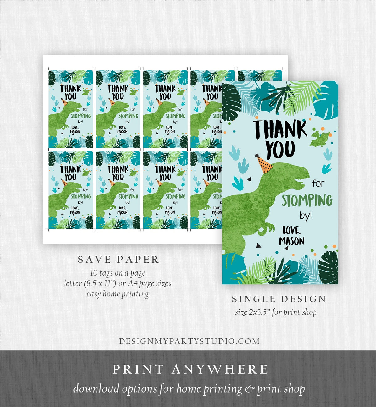 Editable Dinosaur Birthday Favor Tags Gift Tag Boy Green Blue Three Rex Thank You Stomping By Dino T-Rex Digital Template Printable 0389