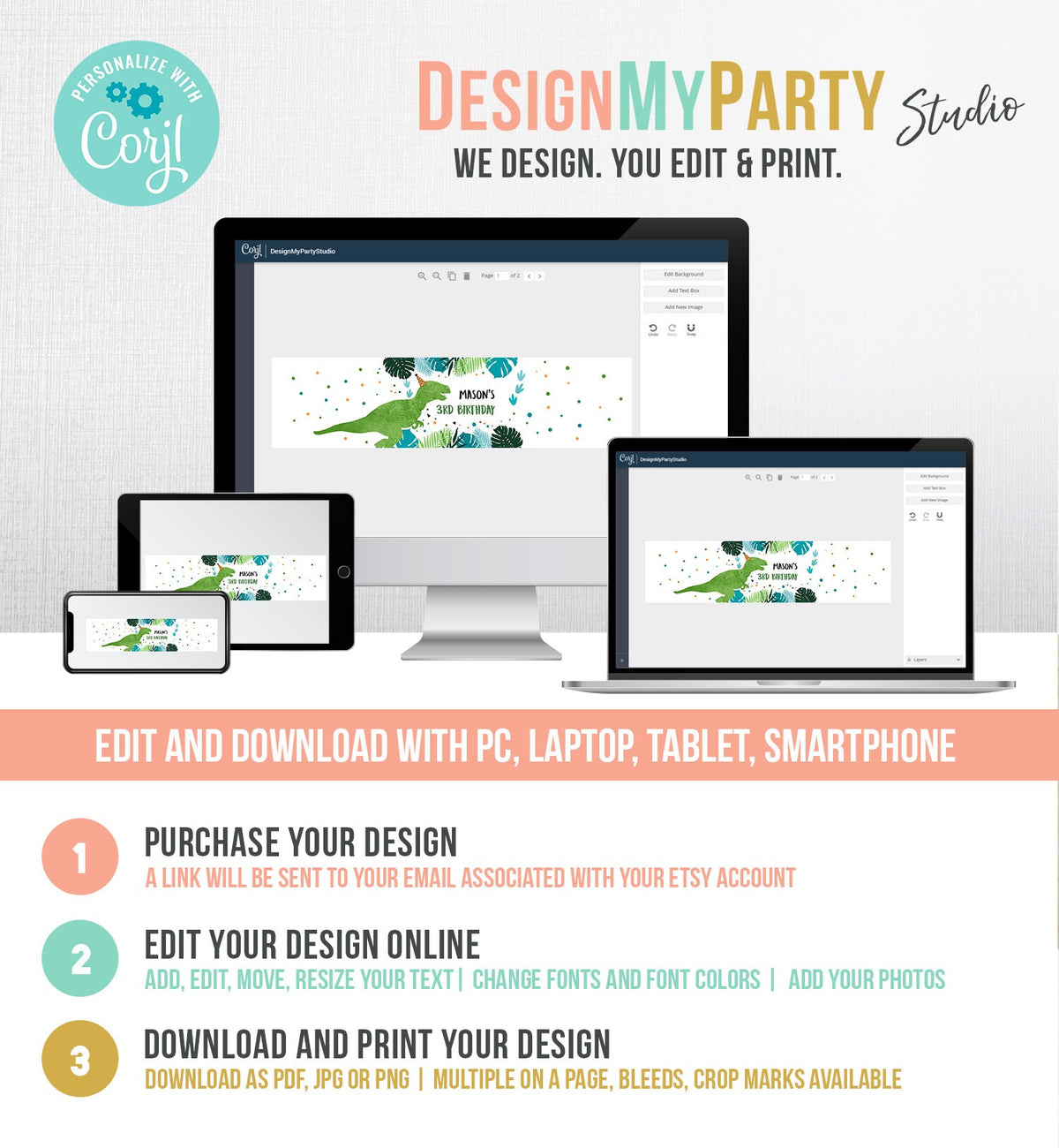 Editable Dinosaur Water Bottle Labels Dinosaur Birthday T-Rex Dino Birthday Decor Green Blue Prehistoric Dino Printable Template Corjl 0389