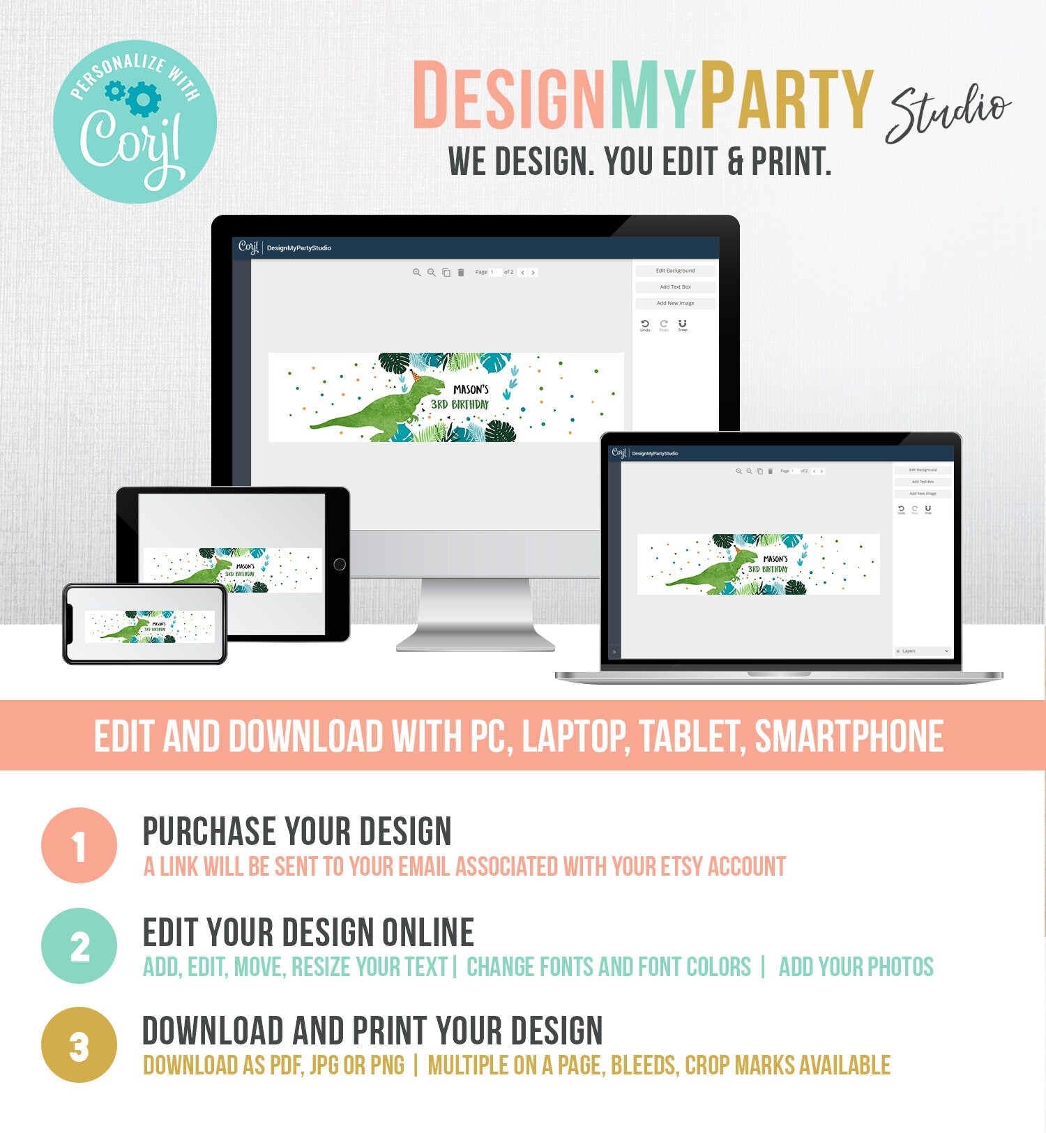 Editable Dinosaur Water Bottle Labels Dinosaur Birthday T-Rex Dino Birthday Decor Green Blue Prehistoric Dino Printable Template Corjl 0389