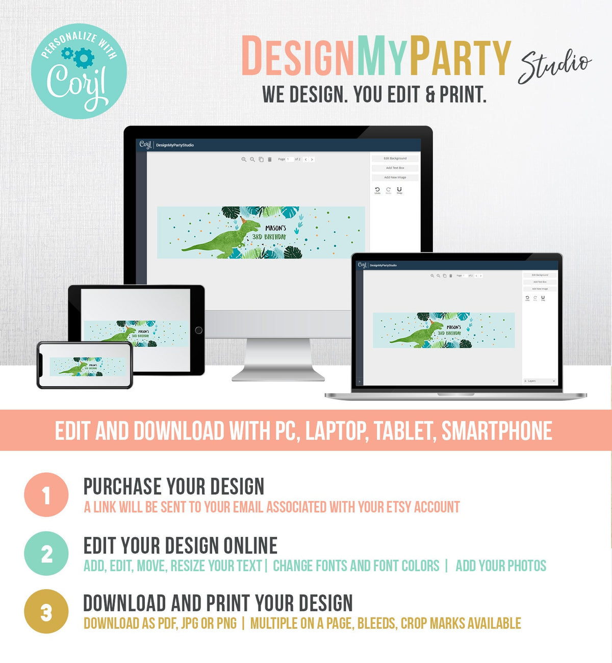 Editable Dinosaur Water Bottle Labels Dinosaur Birthday T-Rex Dino Birthday Decor Green Blue Prehistoric Dino Printable Template Corjl 0389