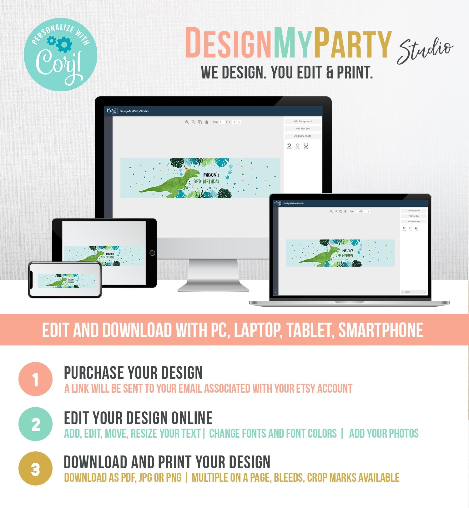 Editable Dinosaur Water Bottle Labels Dinosaur Birthday T-Rex Dino Birthday Decor Green Blue Prehistoric Dino Printable Template Corjl 0389