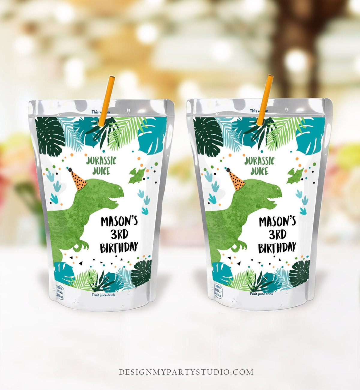 Editable Dinosaur Juice Pouch Labels Dinosaur Birthday Dino Boy Birthday T-Rex Green Prehistoric Download Digital Template Printable 0389