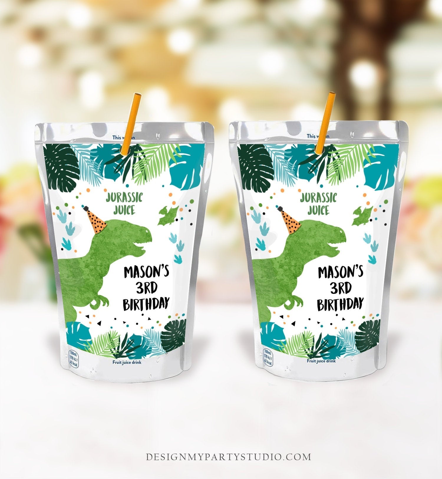 Editable Dinosaur Juice Pouch Labels Dinosaur Birthday Dino Boy Birthday T-Rex Green Prehistoric Download Digital Template Printable 0389