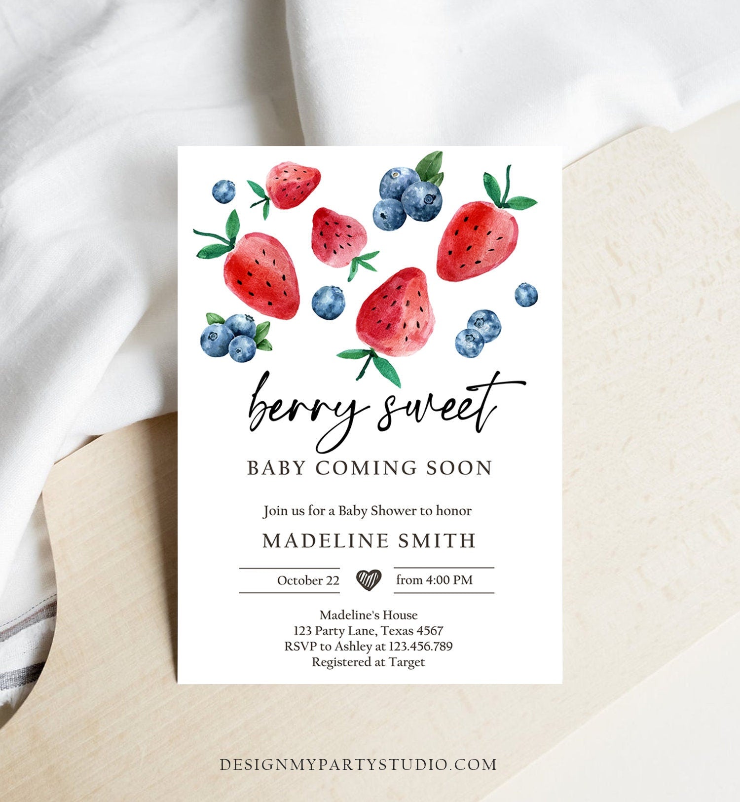 Editable Strawberry Blueberry Baby Shower Invitation Cute Berry Sweet Baby Strawberries Twin Download Printable Template Corjl Digital 0399