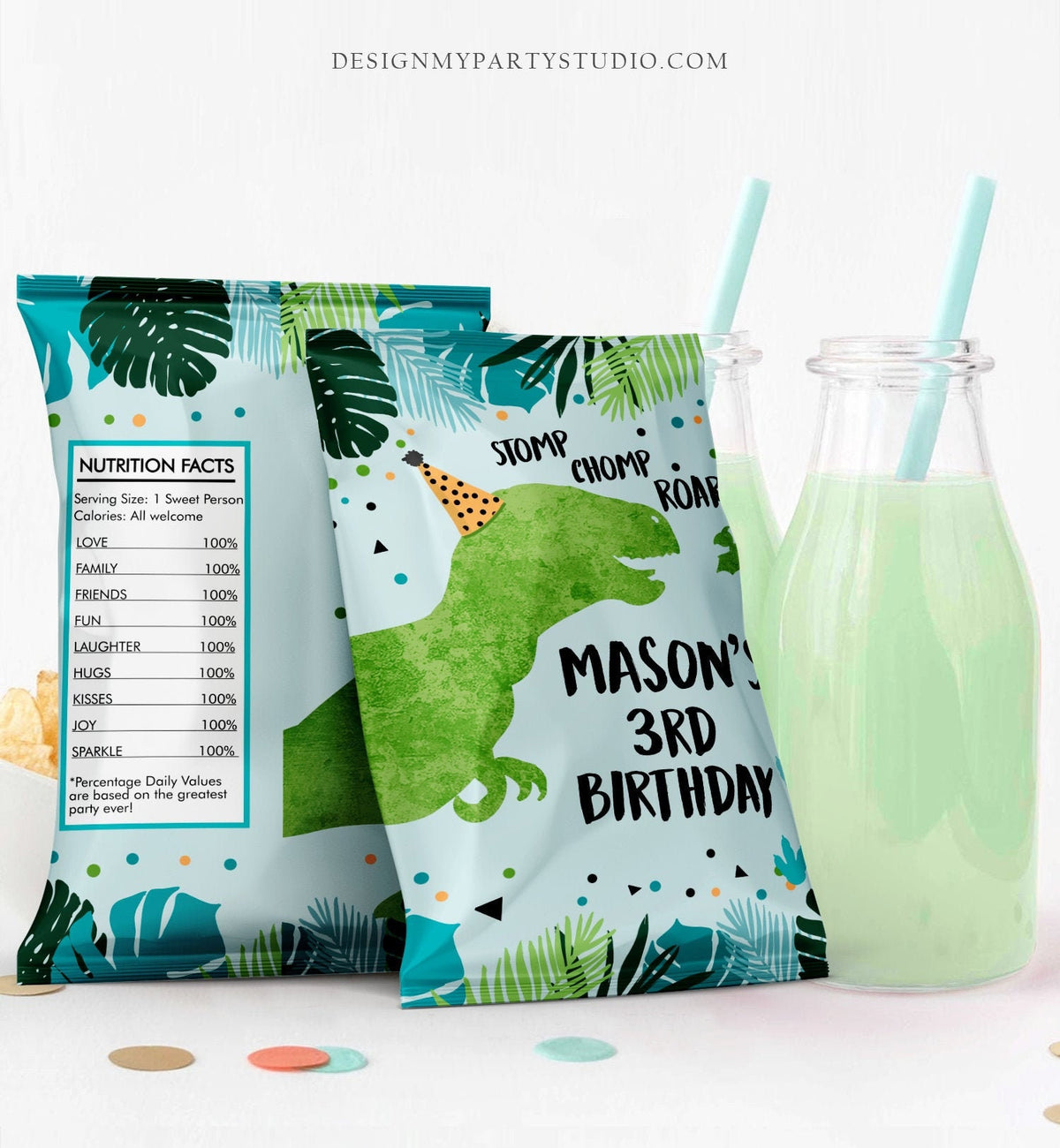 Editable Dinosaur Chip Bag Dino T-Rex Party Decor Boy Dino Birthday Party Snack Favors Potatoes Green Digital Template Printable 0389