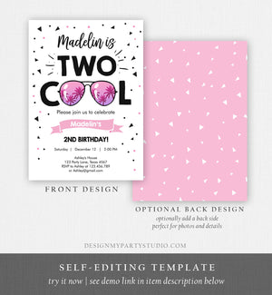 Editable Two Cool Birthday Invitation Girl Second Birthday Party 2nd I'm this Many I'm Two Cool Sunglasses Printable Corjl Template 0136