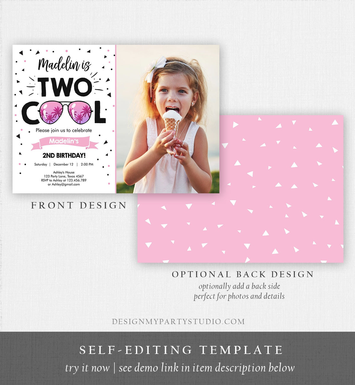 Editable Two Cool Birthday Invitation Girl Second Birthday Party 2nd I&#39;m this Many I&#39;m Two Cool Sunglasses Printable Corjl Template 0136